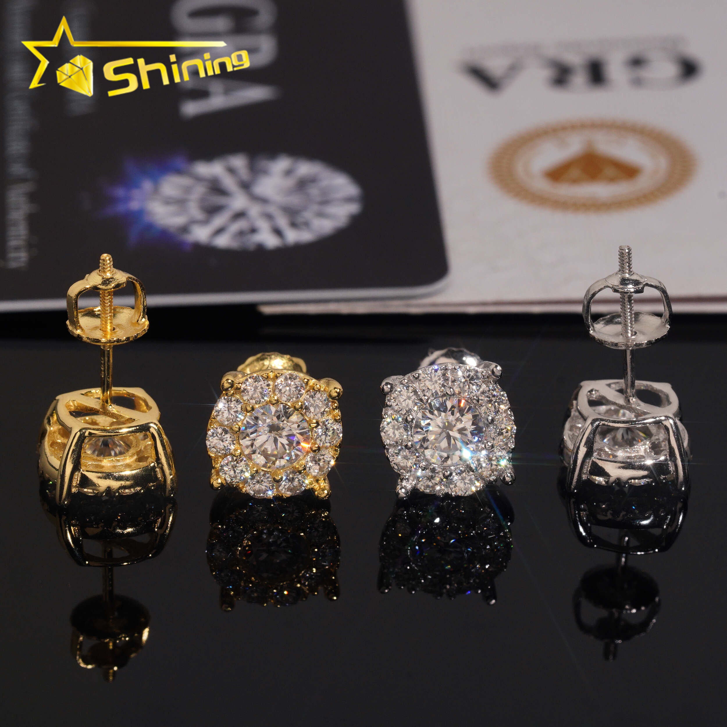 8.8mm Round Shape Iced Out Sparkling Earrings 925 Sterling Silver Moissanite Screw Back Stud Earring