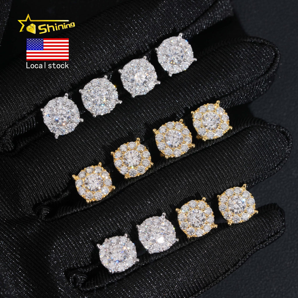 8.8mm Round Shape Iced Out Sparkling Earrings 925 Sterling Silver Moissanite Screw Back Stud Earring