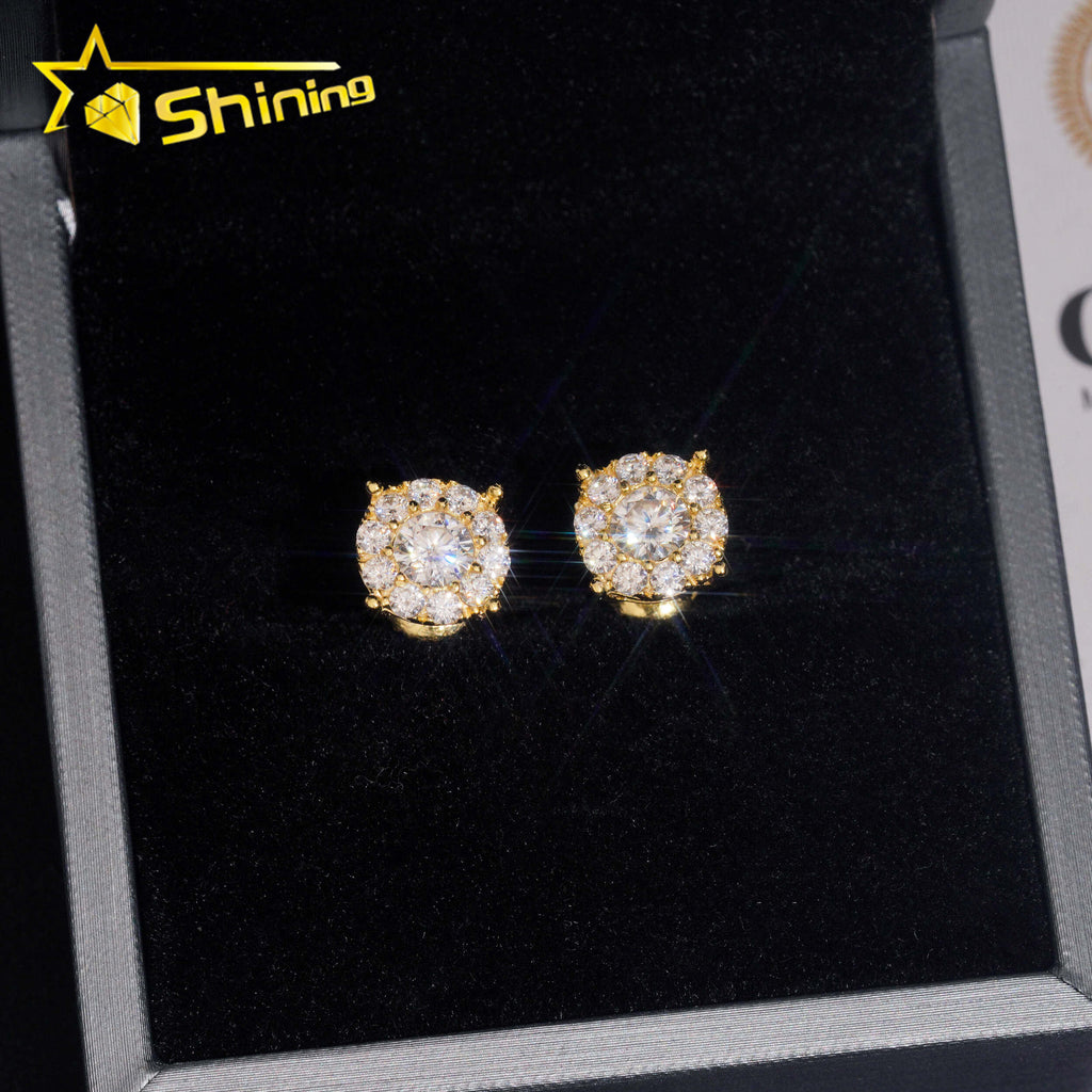 8.8mm Round Shape Iced Out Sparkling Earrings 925 Sterling Silver Moissanite Screw Back Stud Earring