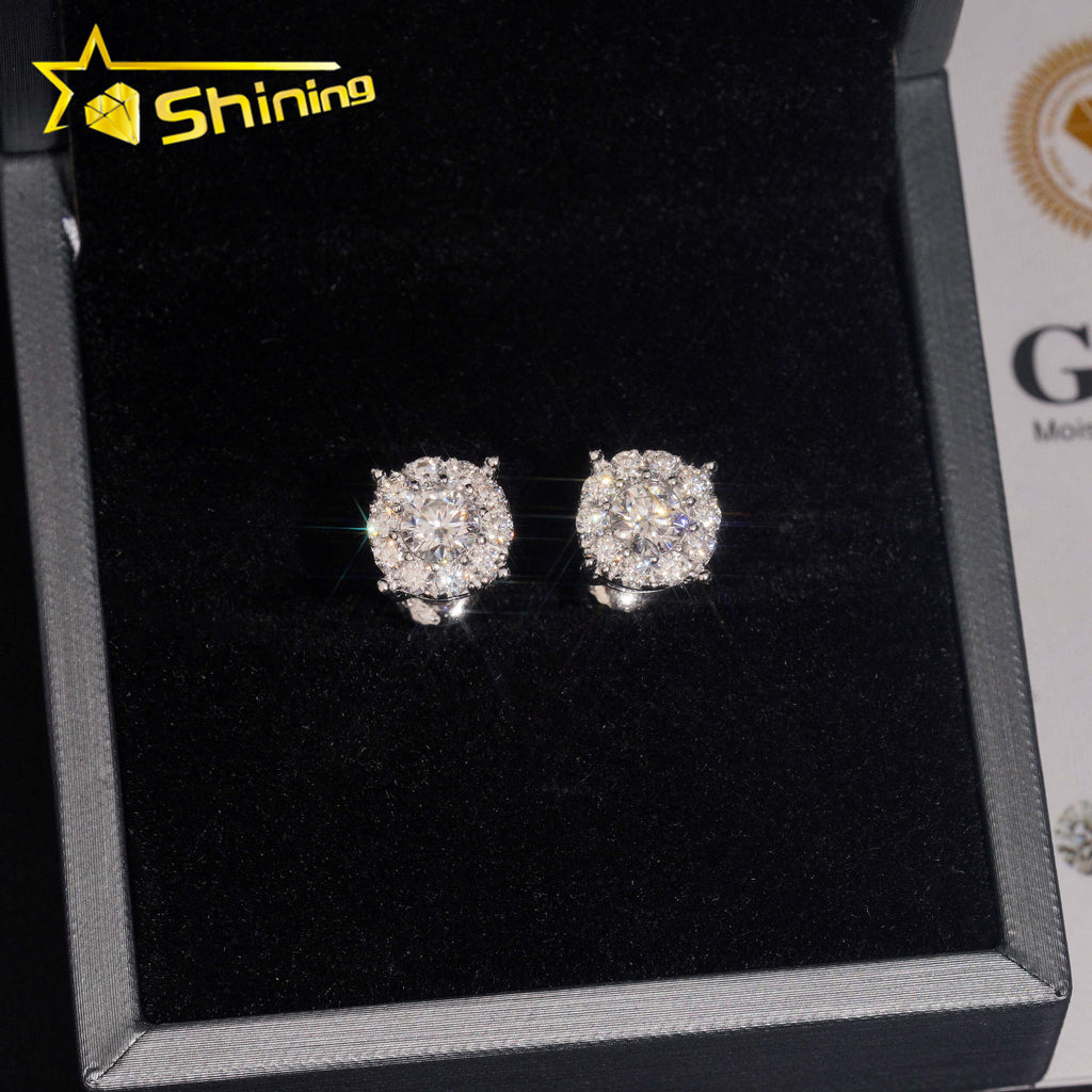 8.8mm Round Shape Iced Out Sparkling Earrings 925 Sterling Silver Moissanite Screw Back Stud Earring